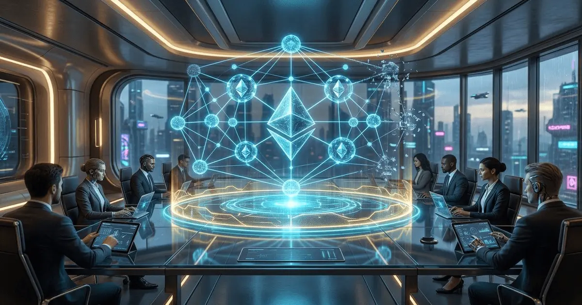 A futuristic Web3 corporate boardroom with a blue holographic Ethereum network model and a gold digital stabilization shield.