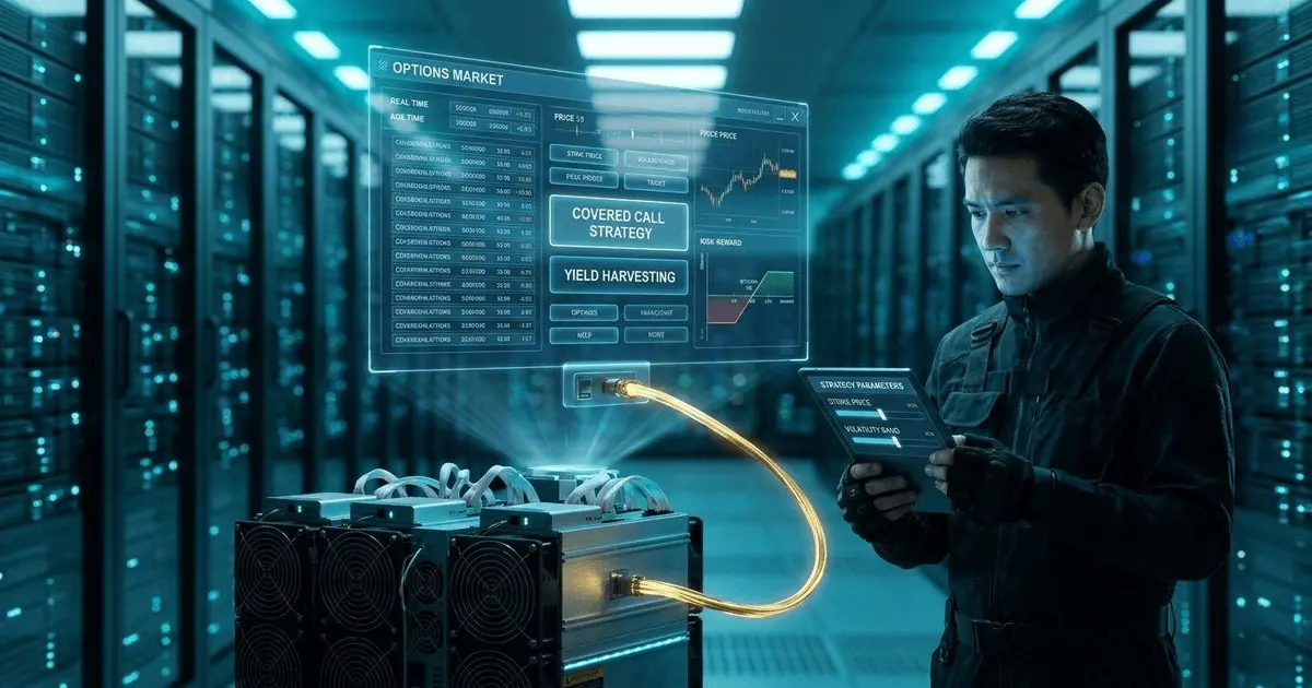 Crypto miner in a server room analyzing a holographic options market dashboard displaying covered call strategies.