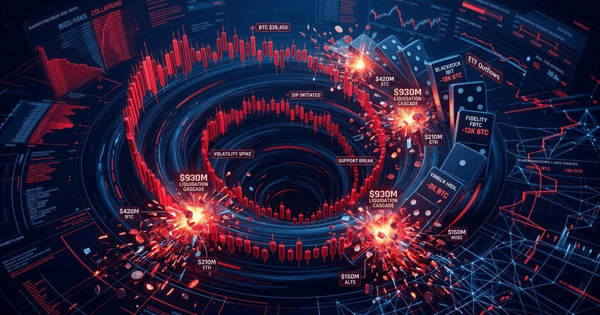 An intense 3D data visualization of a crypto market collapse from an overhead perspective, showing a downward-spiraling red candlestick chart with explosions labeled as 930M liquidation cascade, alongside large falling digital dominos representing institutional ETF outflows.