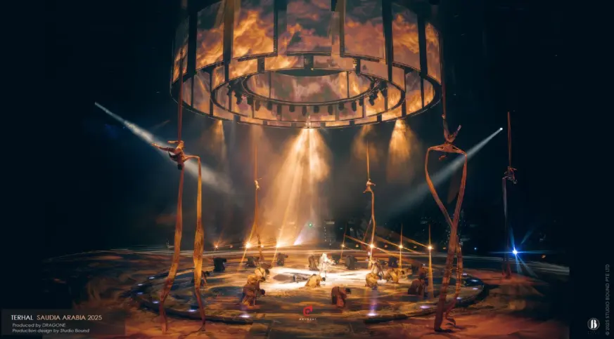 Terhal, Riyadh, Saudi Arabia, 2025. Production design by Patrick Larsen / Studio Bound, produced by Dragone. The cylindrical projection venue — a transformation machine built to make the impossible feel like the logical next step.