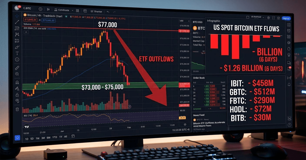 A professional dark-mode financial trading terminal screen showing a Bitcoin candlestick chart rejected at 77,000 with large red ETF outflows infographic.