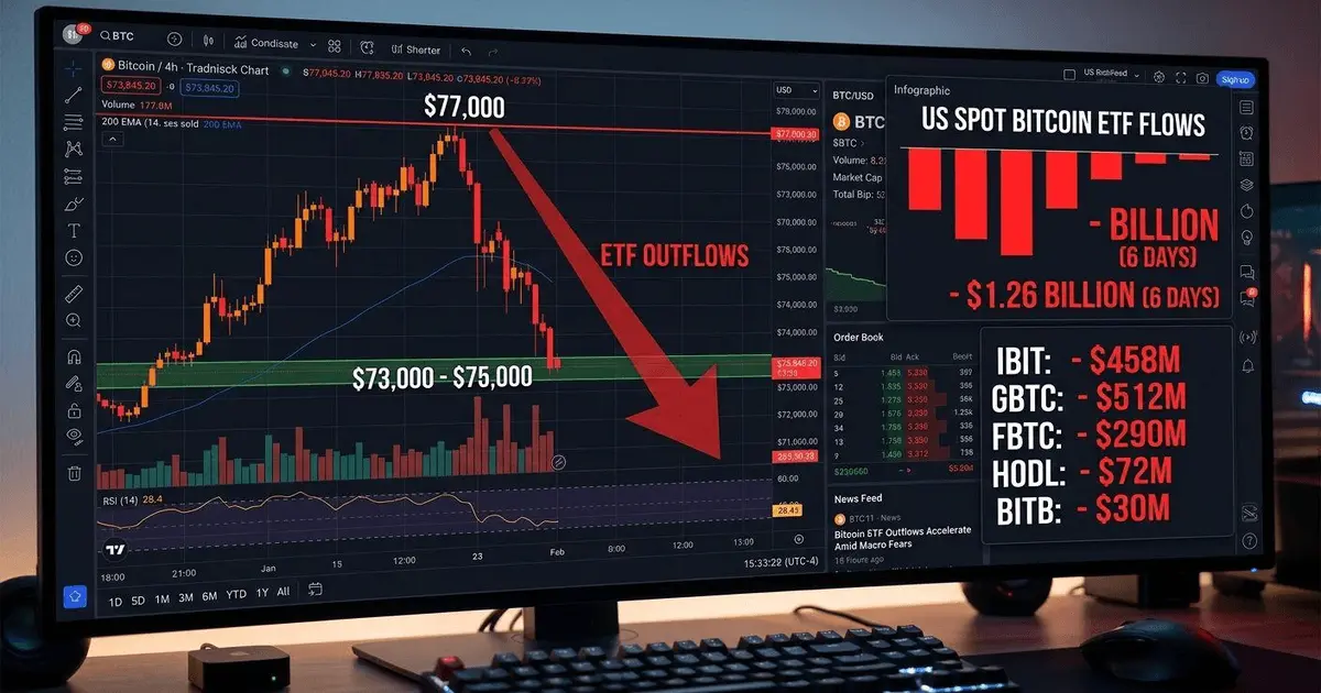 A professional dark-mode financial trading terminal screen showing a Bitcoin candlestick chart rejected at 77,000 with large red ETF outflows infographic.