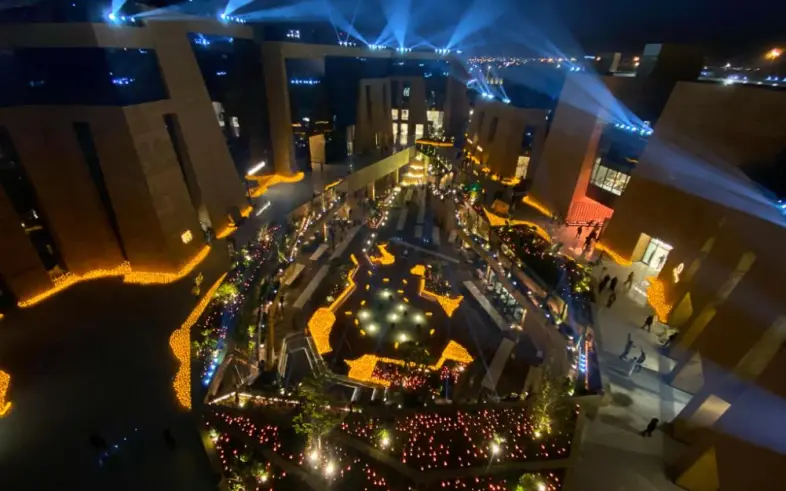 Via Riyadh 2023 opening gala. Production design: Patrick Larsen / Studio Bound, produced by Five Currents and Dragone. The first of three Saudi commissions — an opening gala designed to be invisible, where the design succeeded by disappearing.