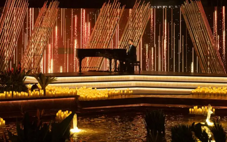 Via Riyadh 2023 opening gala. Production design: Patrick Larsen / Studio Bound, produced by Five Currents and Dragone. The first of three Saudi commissions — an opening gala designed to be invisible, where the design succeeded by disappearing.