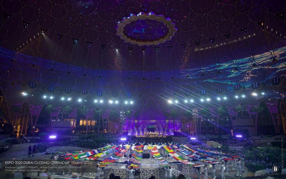 Expo 2020 Dubai Opening Ceremony, Al Wasl Plaza, Dubai, 2021. Production design: Patrick Larsen / Studio Bound. The world's largest dome, 192 participating nations, broadcast globally.