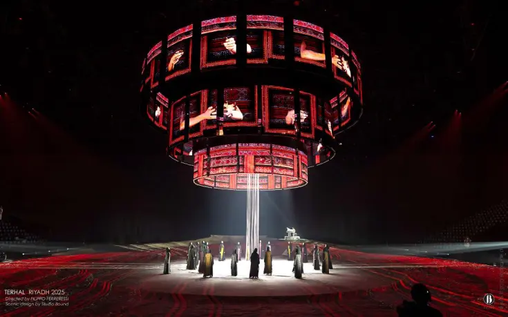 Terhal, Riyadh Season 2025. Production design: Patrick Larsen / Studio Bound, Dragone. The designed environment as the world the performers inhabit — not a set, but a place.
