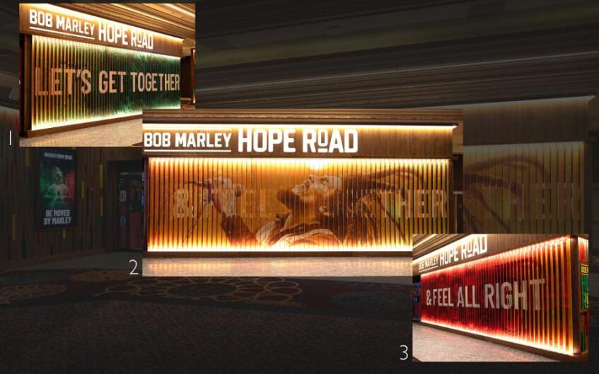 Bob Marley Hope Road, Mandalay Bay, Las Vegas, 2025. Production design: Patrick Larsen / Studio Bound, in collaboration with Dragone.