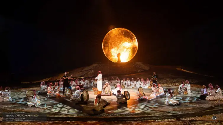 Terhal, Riyadh Season 2025. Production design: Patrick Larsen / Studio Bound, Dragone. The designed environment as the world the performers inhabit — not a set, but a place.