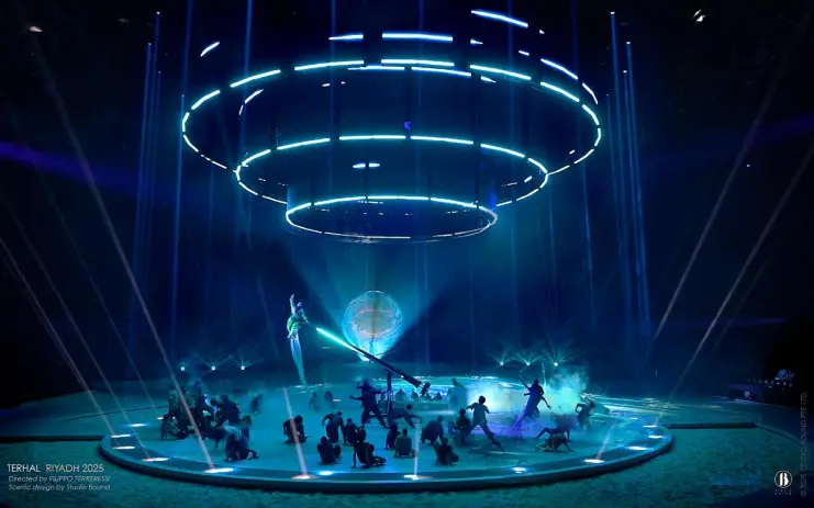 Terhal, Riyadh Season 2025. Production design: Patrick Larsen / Studio Bound, Dragone. The designed environment as the world the performers inhabit — not a set, but a place.