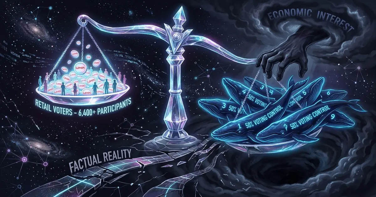 An abstract crystal scale of justice where 9 massive blue crypto whales with 50% voting control heavily outvote over 6,400 retail participants under a dark cloud of economic interest.