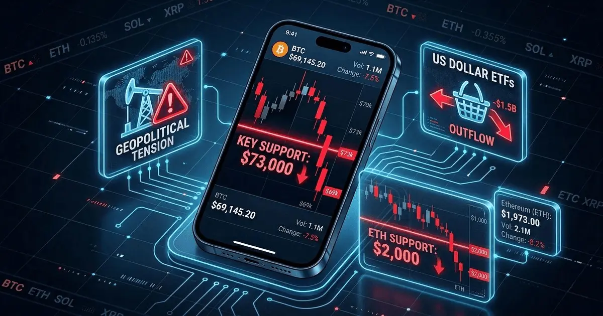 Crypto market infographic showing a smartphone chart breaking below key $73,000 Bitcoin support.