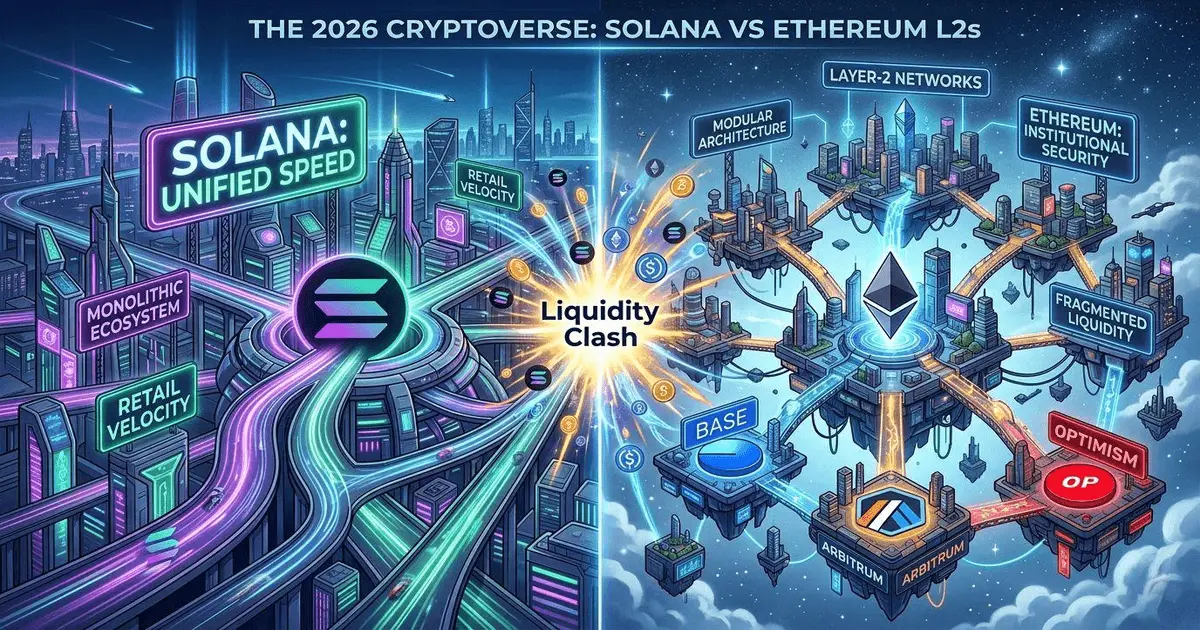 Solana monolithic city vs. Ethereum modular L2 networks in 2026.