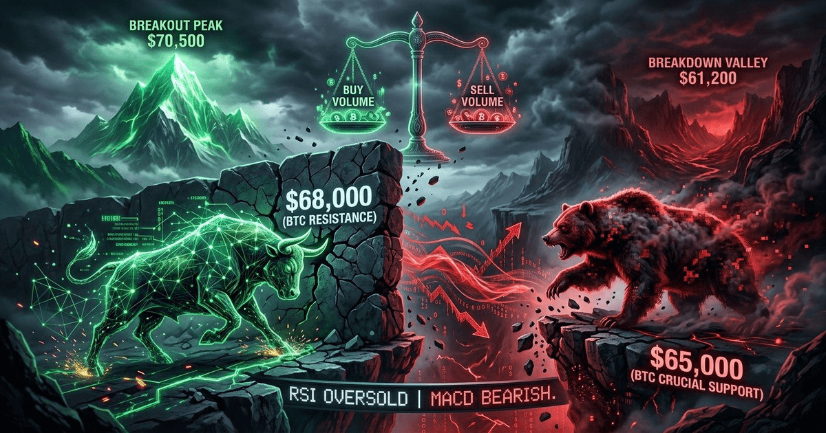 Conceptual illustration of a glowing green bull and a dark red bear fighting over Bitcoin resistance ($68k) and support ($65k).