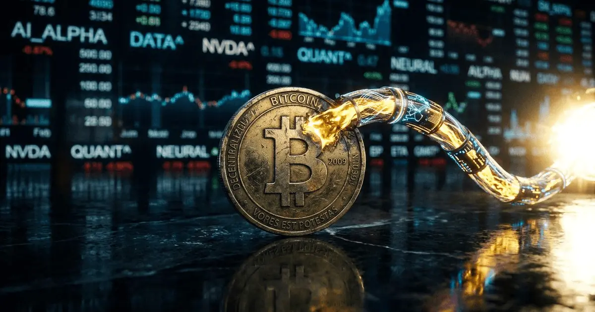 Close-up of a glowing fiber-optic and neural-patterned tube actively siphoning golden liquid energy from a weathered Bitcoin coin toward a brilliant AI light source.