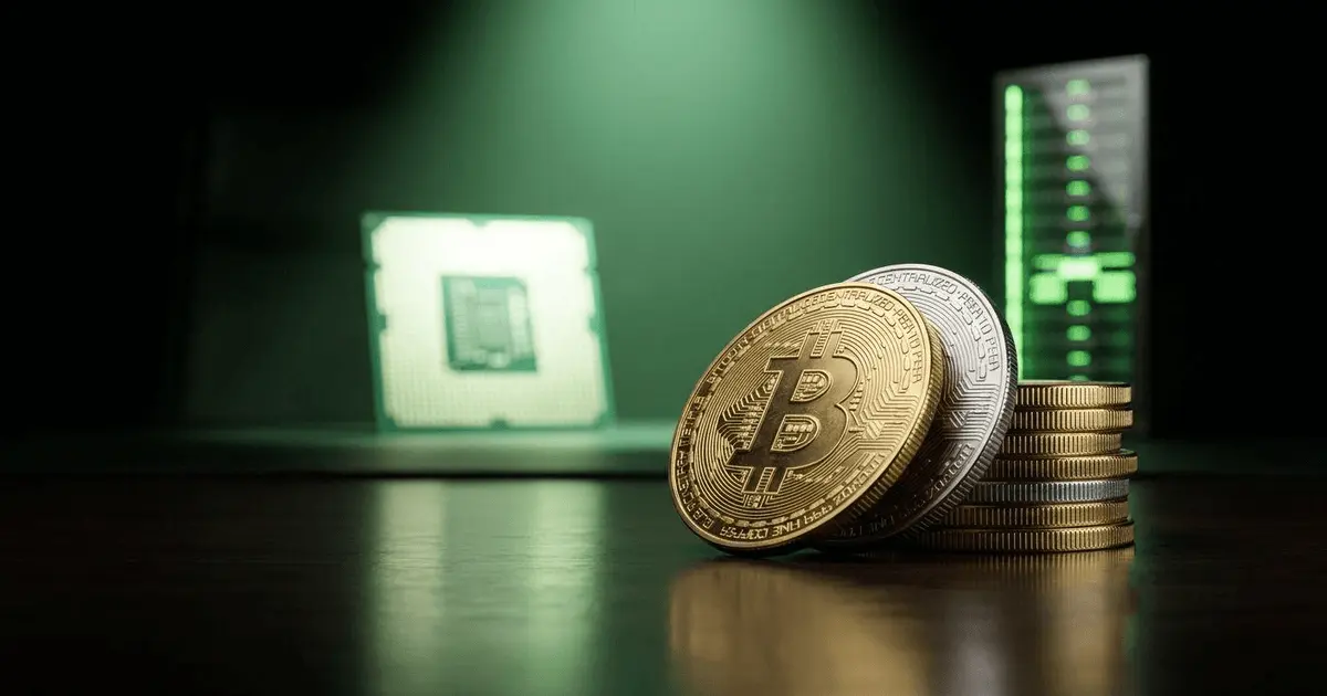 Physical Bitcoin coins stacked in the foreground with a glowing green semiconductor chip in the background.