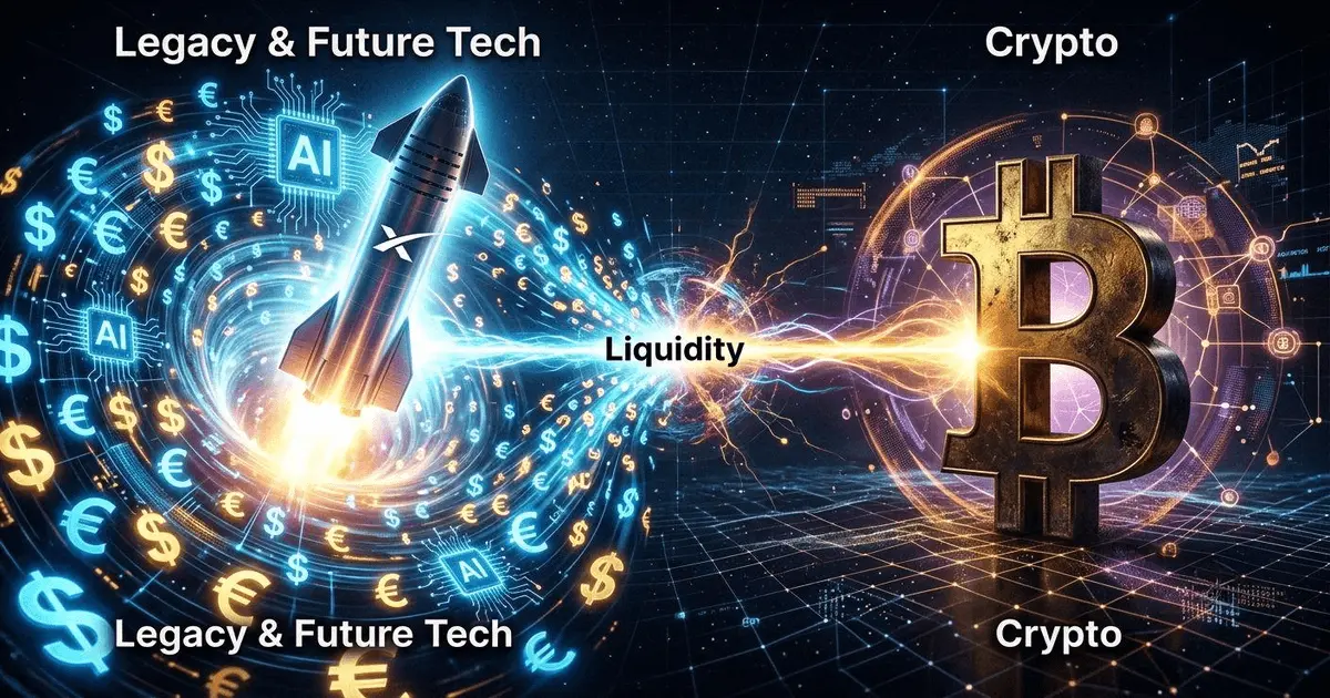 A split-panel financial chart comparing the AI tech boom growth with Bitcoin market consolidation at support levels.
