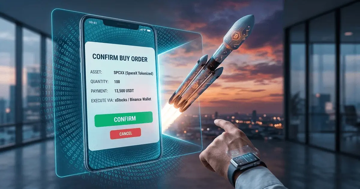 A mobile interface executing a tokenized SPCXX SpaceX stock buy order with an ascending rocket background.
