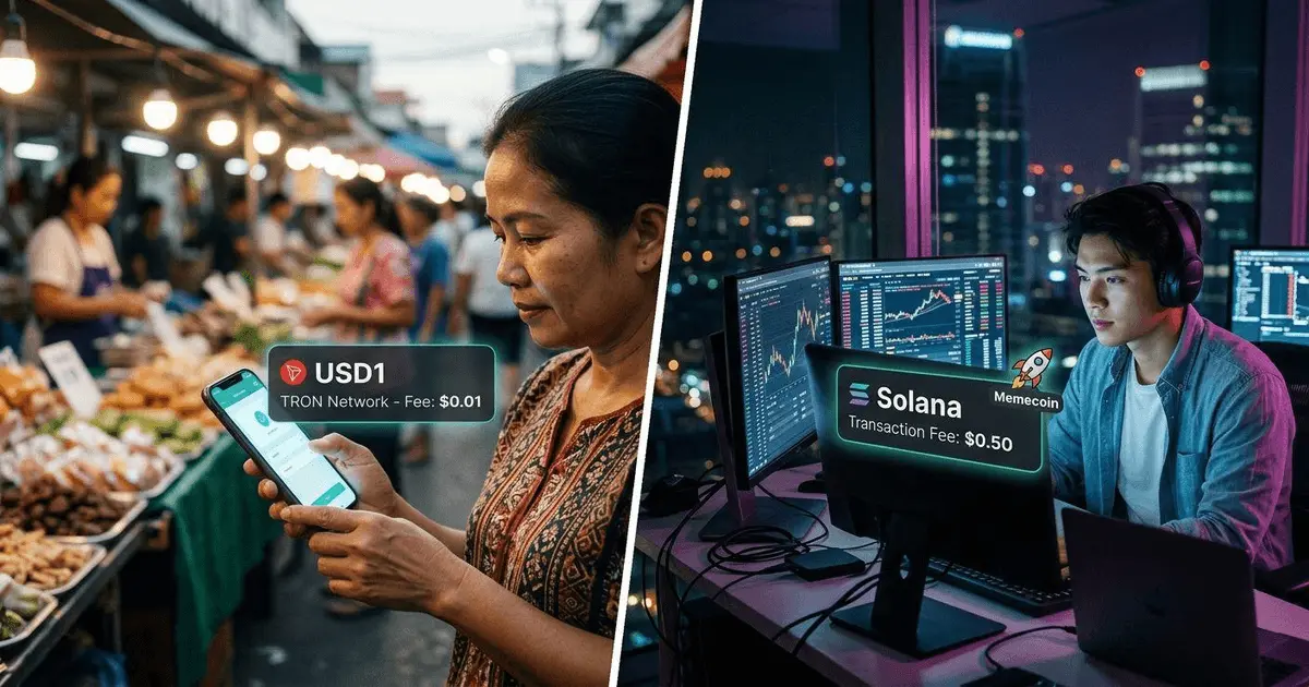 Split-panel photo comparing micro-payments via TRON in an Asian market with high-speed token trading via Solana in an office.