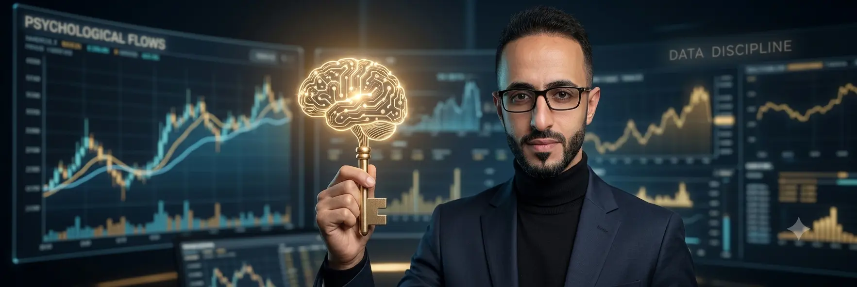 Professional analyst holding a golden brain-key symbol in front of advanced crypto market charts, representing the core philosophy of Al-Moheeb Bitcoin: data-driven analysis and psychological discipline in the 2026 crypto market.