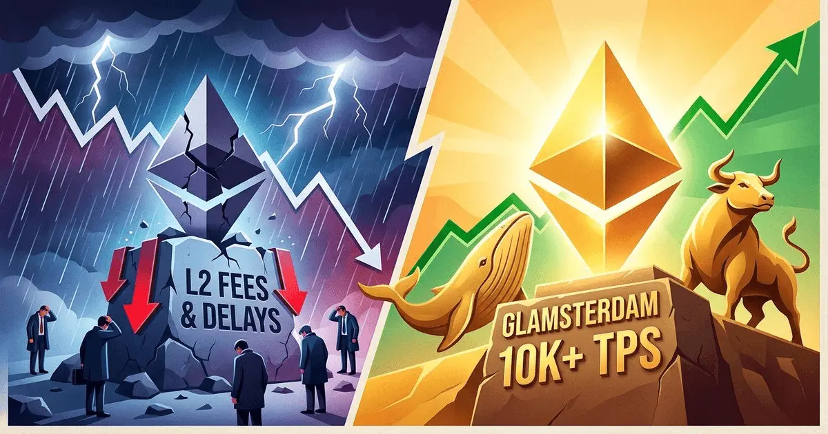 Editorial illustration contrasting Ethereum L2 fee delays with the Glamsterdam upgrade and market recovery bulls.