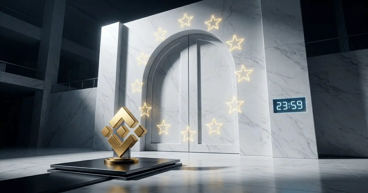 A golden Binance logo standing before a closed marble gateway engraved with EU stars.