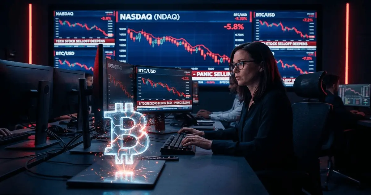 Cracked Bitcoin holographic logo on a dark financial trading floor with multiple screens displaying sharp NASDAQ and BTC red downward trend graphs.