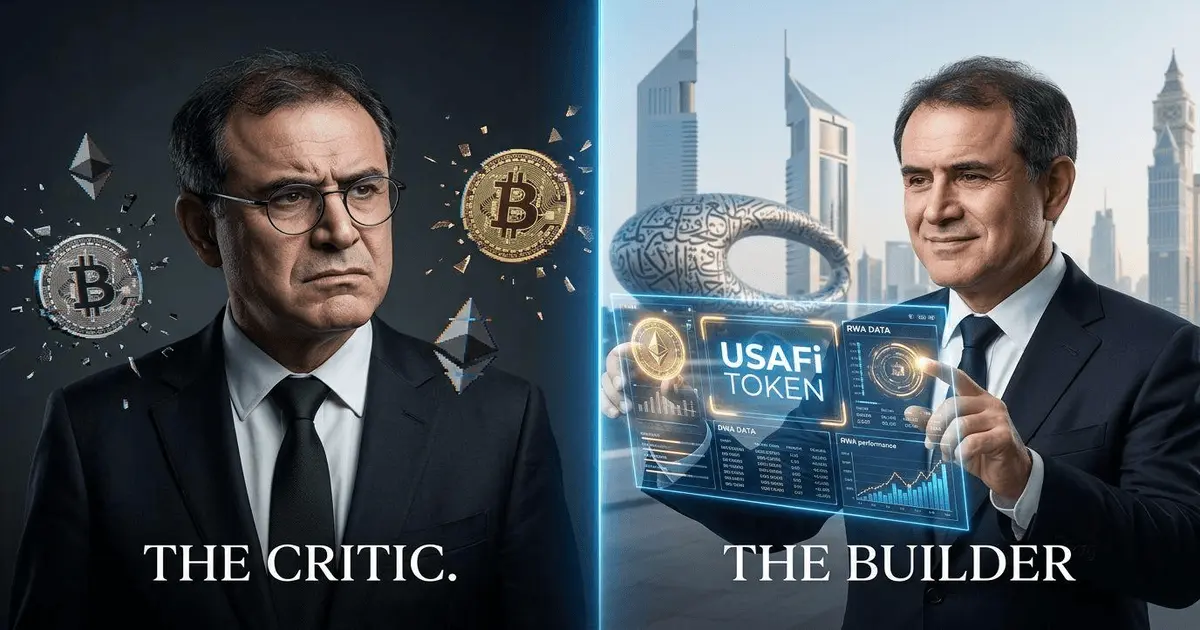 Text: Split-screen editorial image contrasting Nouriel Roubini as a crypto critic versus an institutional digital asset builder in Dubai.