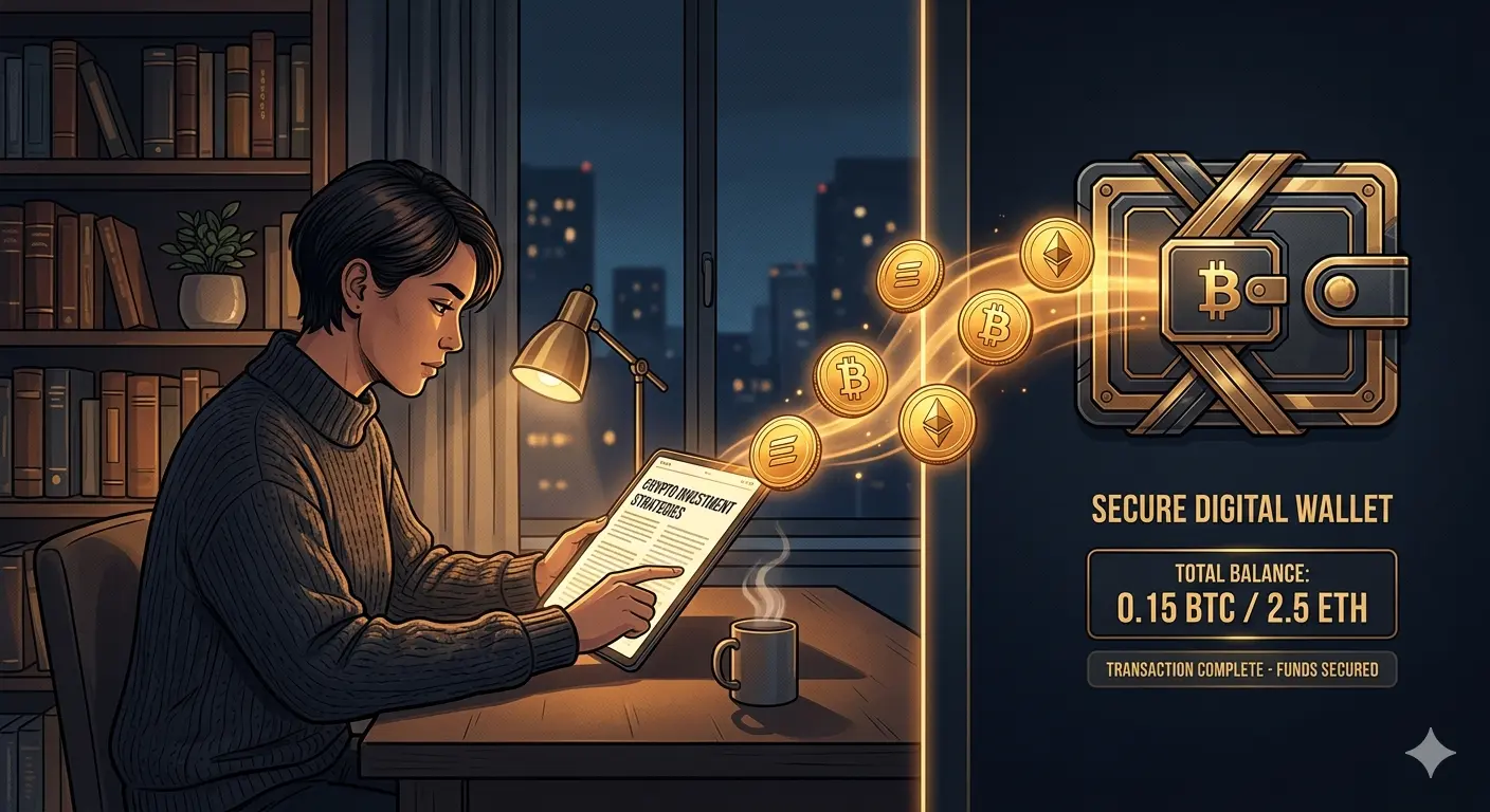 A cinematic split-screen illustration in dark navy and gold. On the left, a person sits in a cozy, modern study with bookshelves, reading an article about