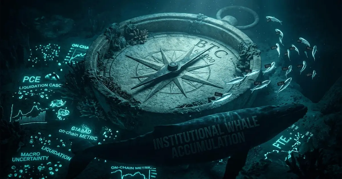Underwater infographic showing Bitcoin institutional whale accumulation and retail capitulation.