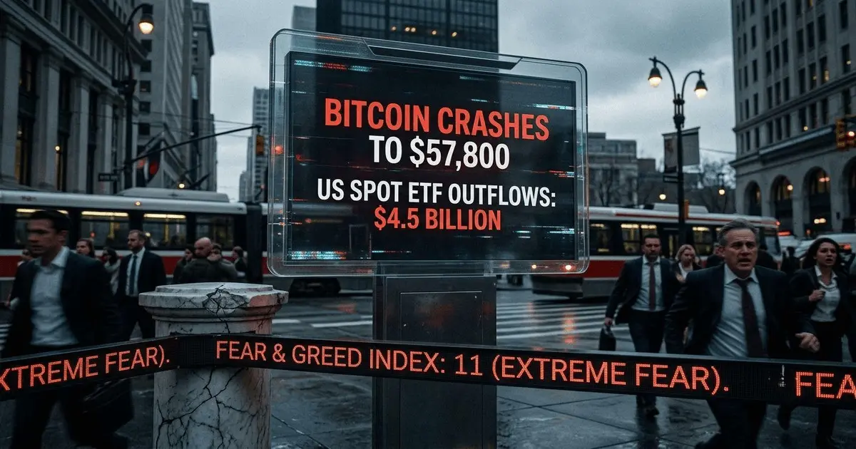 A digital display board in a financial district showing a Bitcoin price drop and ETF outflows amid market panic.