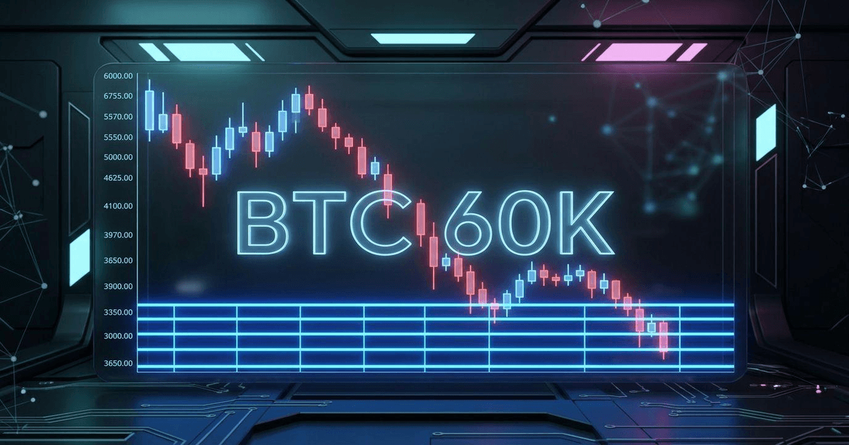 A 3D digital crypto candlestick chart displaying a downward trend hitting a neon blue support grid with BTC 60K text.