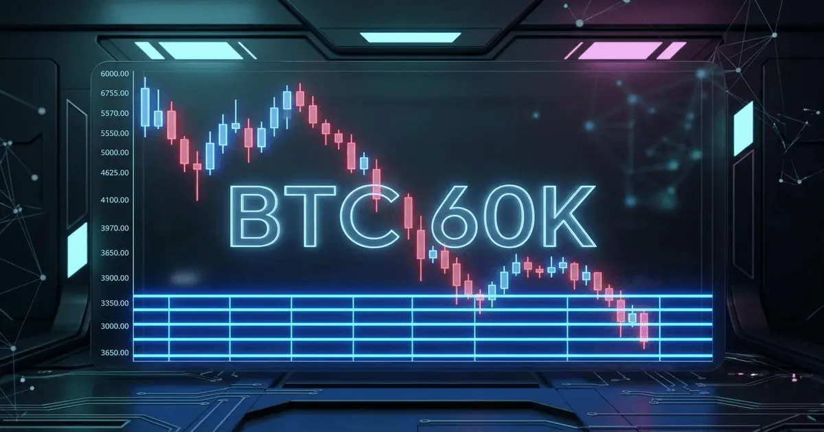 A 3D digital crypto candlestick chart displaying a downward trend hitting a neon blue support grid with BTC 60K text.