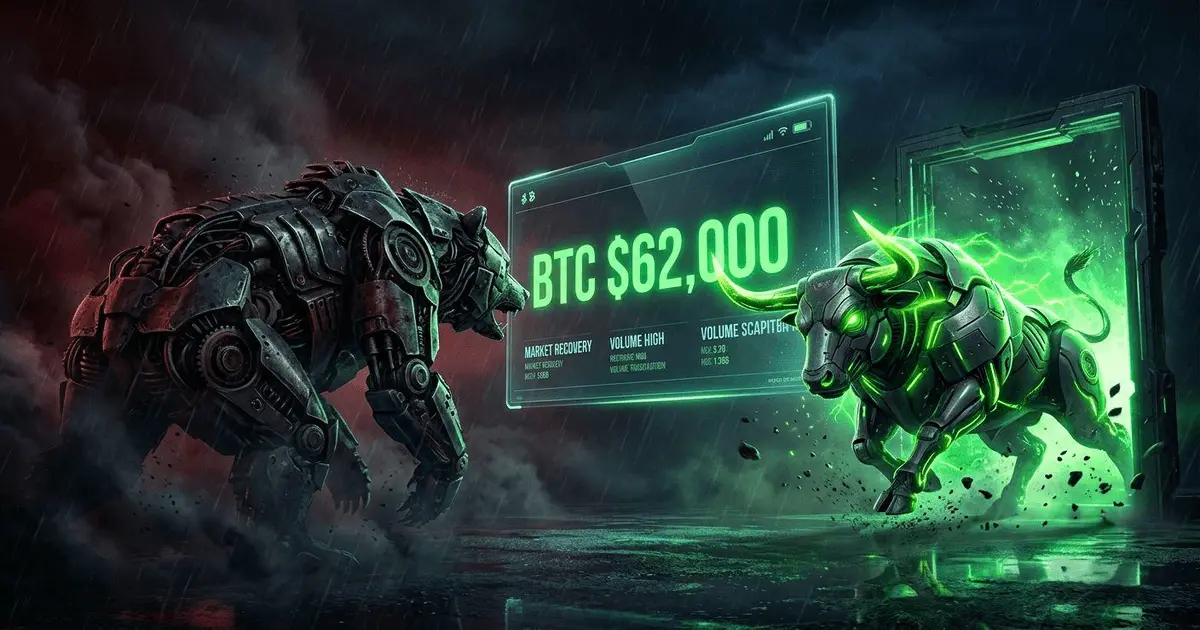 A metallic cybernetic bull charging forward against a retreating mechanical bear with a digital screen showing BTC at $62,000.