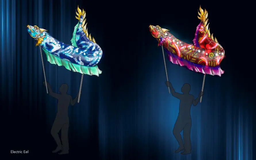 Built elements designed to stand next to real water and real performers. Varuna, Bali Safari Park — Studio Bound.