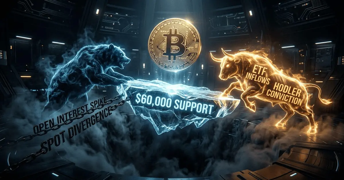 Bitcoin gold token hovering over a $60,000 support crystal platform between a blue glowing bear and an orange fiery bull.