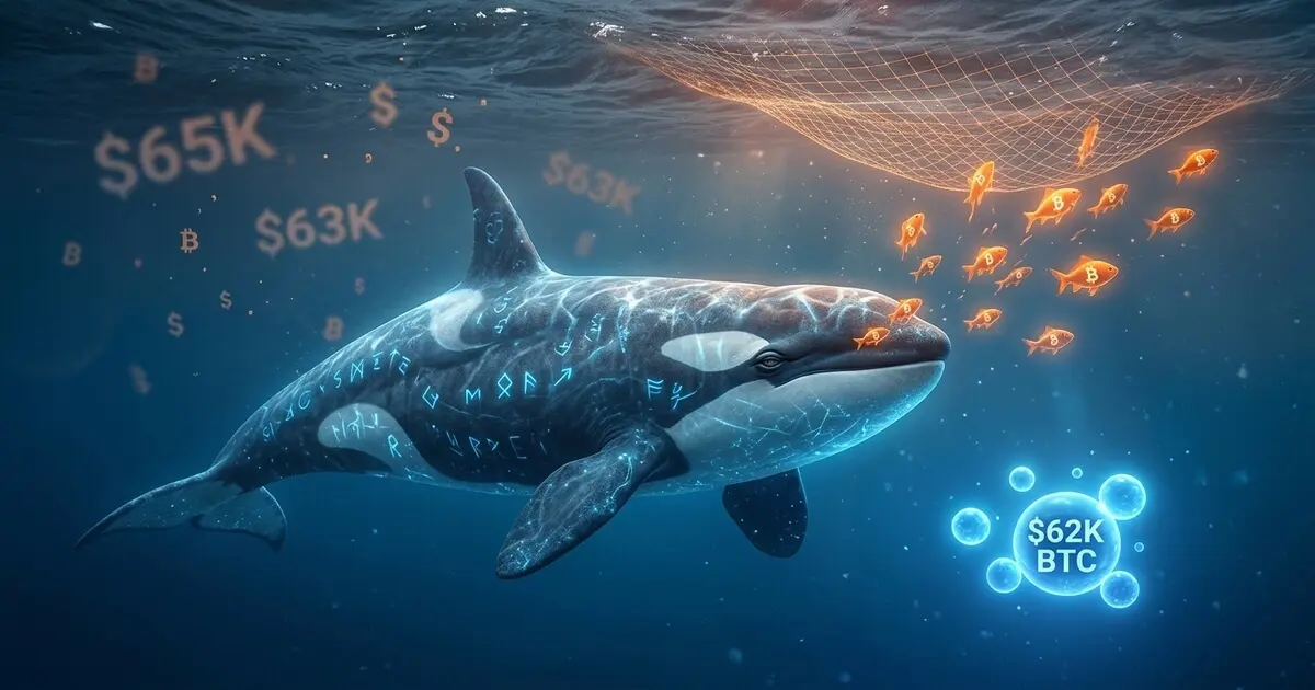 Large orca whale with glowing runes swims calmly towards a $62K bottom, while small fish panic.