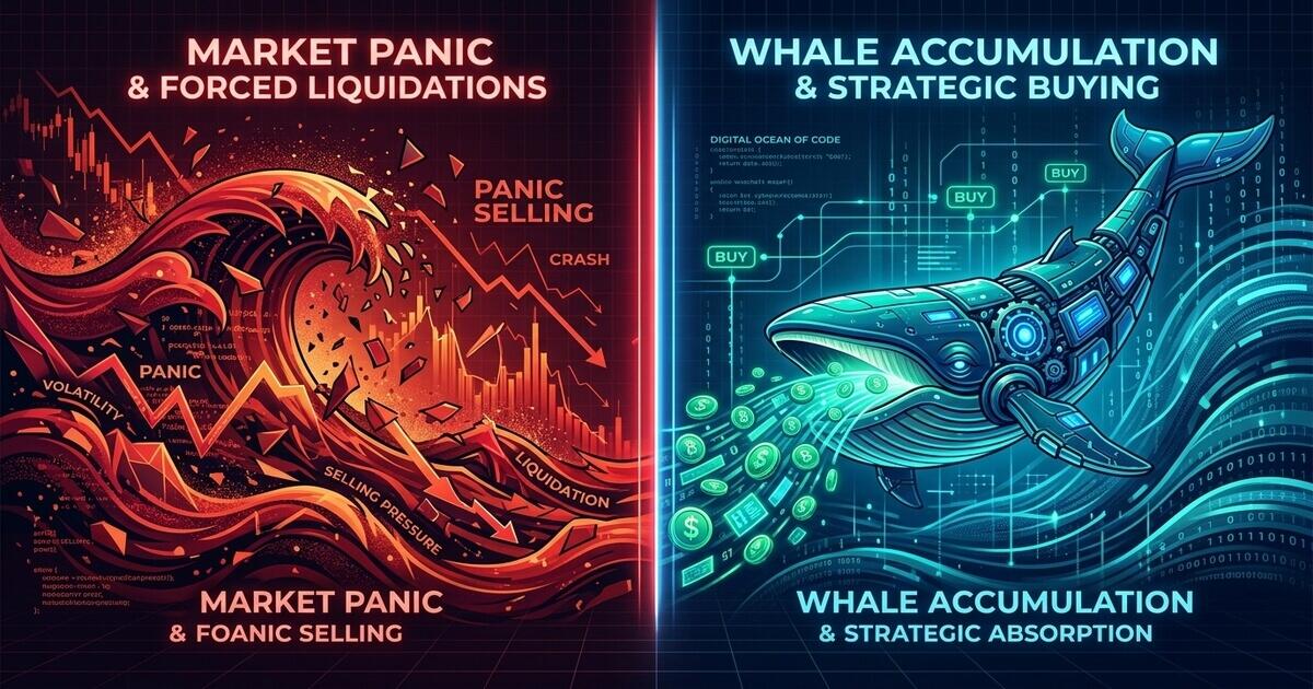 A split vector graphic showing market panic selling on the left and a cybernetic whale accumulating assets on the right.