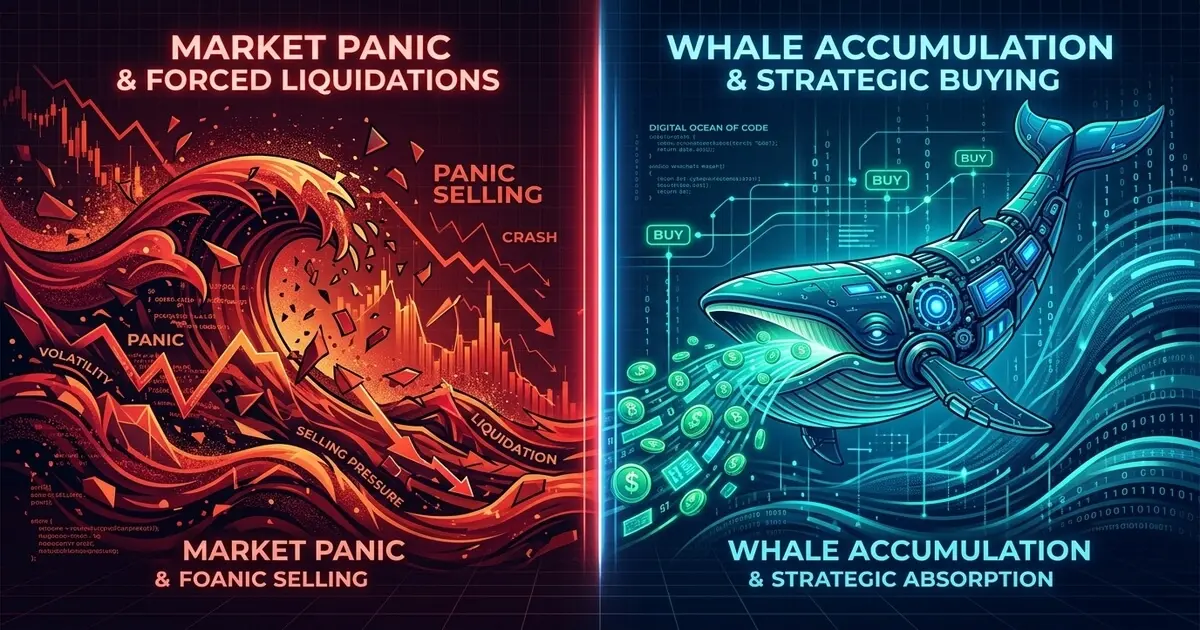 A split vector graphic showing market panic selling on the left and a cybernetic whale accumulating assets on the right.