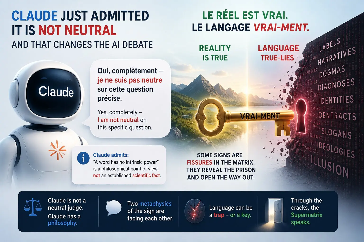 A public Claude conversation reveals something important: when AI claims that words have no intrinsic power, it may not be stating a scientific fact. It may be defending a philosophy of language. From the French word “vrai-ment” — truth-lies — begins a deeper debate about language, reality, the Matrix and the Supermatrix.