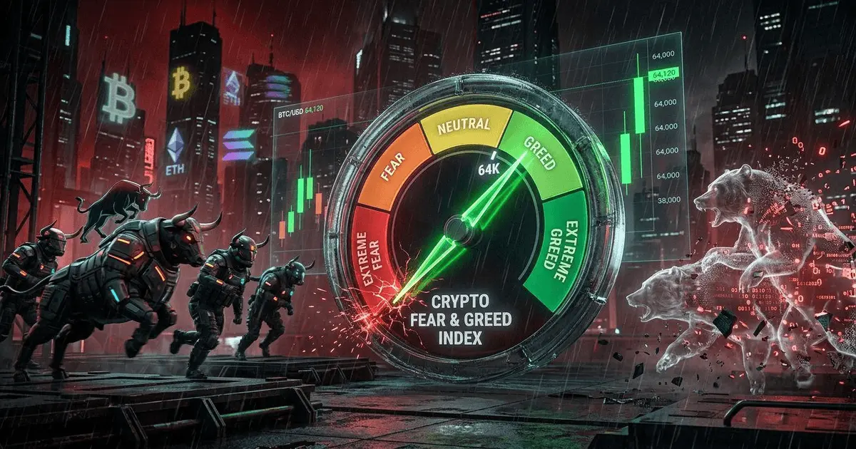 A 3D glass 'Fear and Greed Index' dial violently snapping its needle from 'Extreme Fear' into 'Greed' past 64K, with bulls charging in the background and bears dissolving.