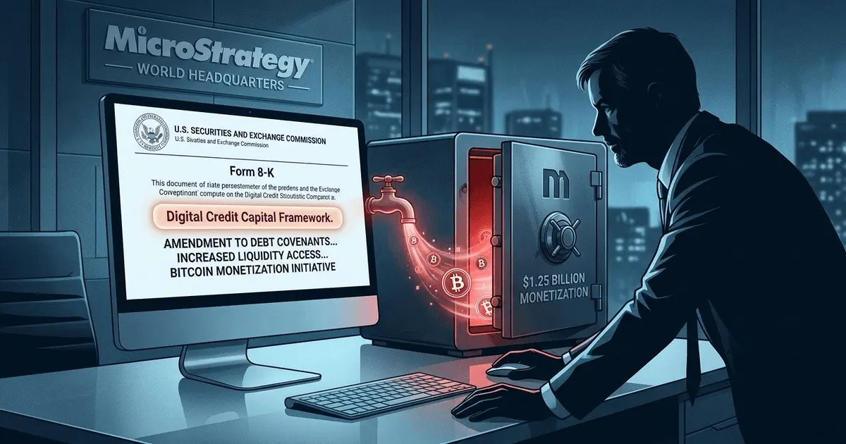 Conceptual digital art of a MicroStrategy office screen displaying an SEC Form 8-K next to a Bitcoin vault.