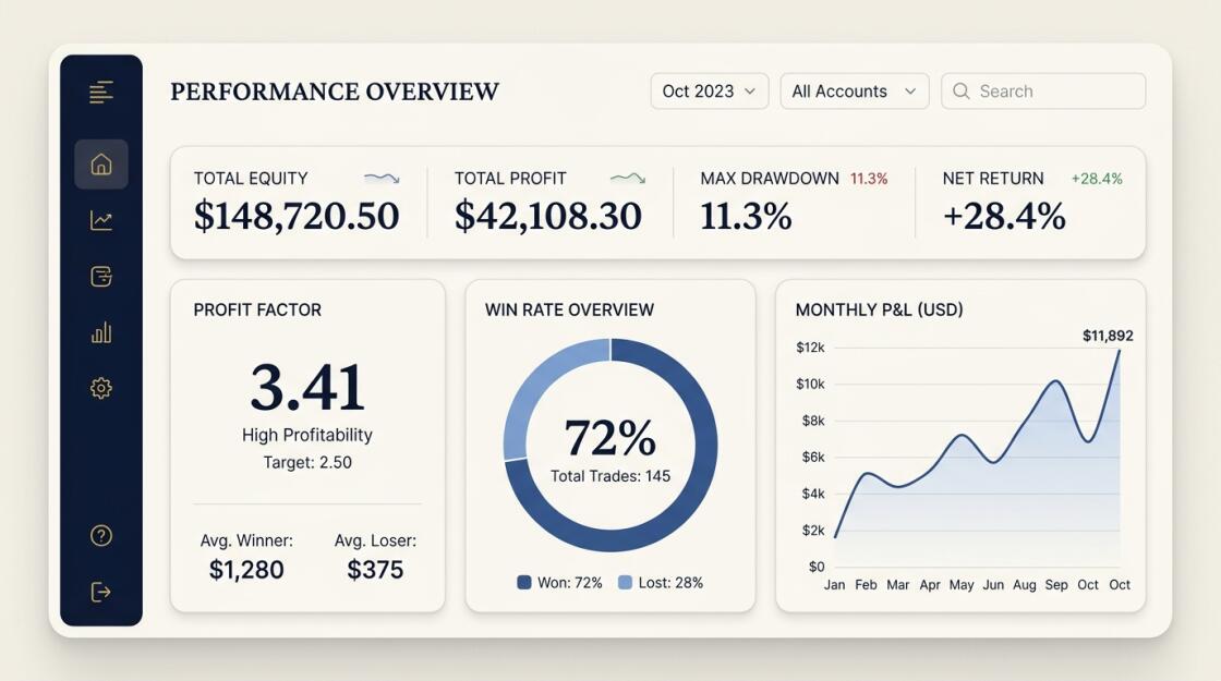 generic trading performance overview with a win-rate donut chart
