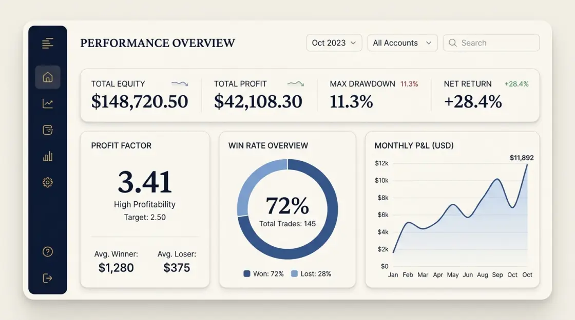 generic trading performance overview with a win-rate donut chart