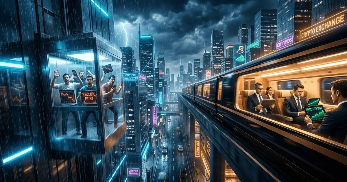Concept of retail panic during Bitcoin leverage flush out versus calm institutional ETF buyers at night.