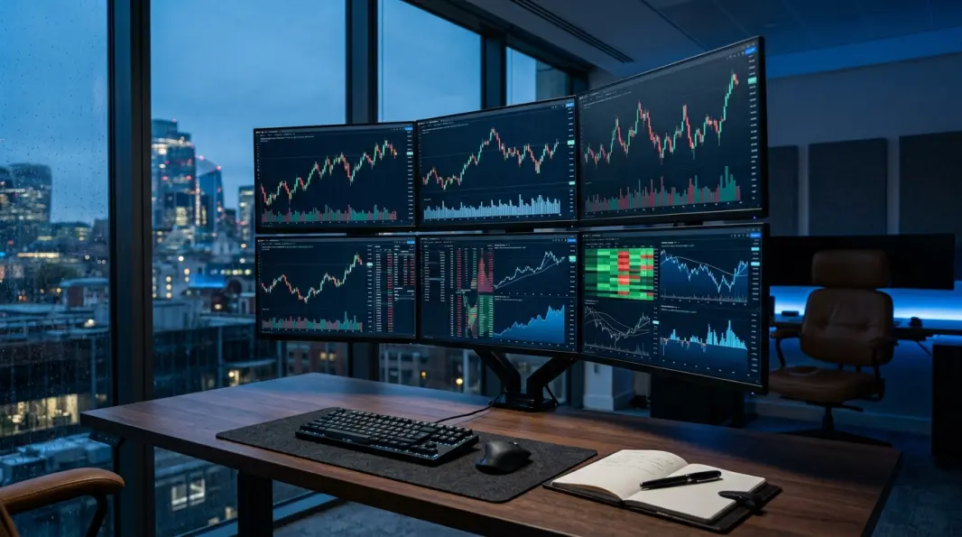 Multi-monitor trading workstation used for daily market analysis