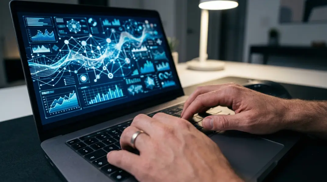 Ultra-realistic close-up photo of hands typing on a laptop keyboard with an abstract AI-themed data visualization glowing softly on the screen, blue and white color palette, futuristic but clean aesthetic, no logos, no watermarks, no readable text.