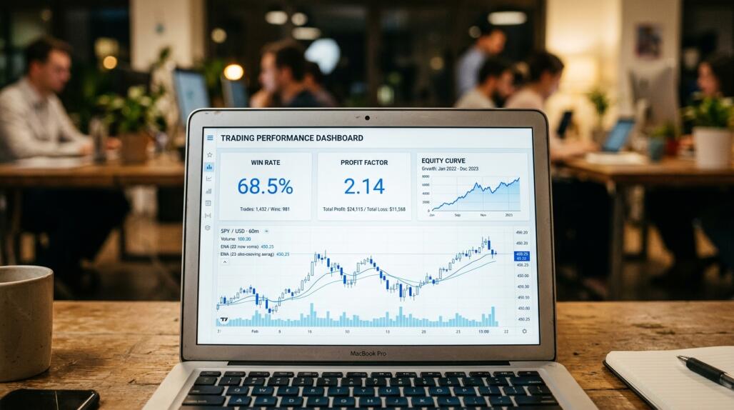 Laptop screen displaying a white-and-blue trading dashboard with win rate, profit factor, and equity curve KPI cards.