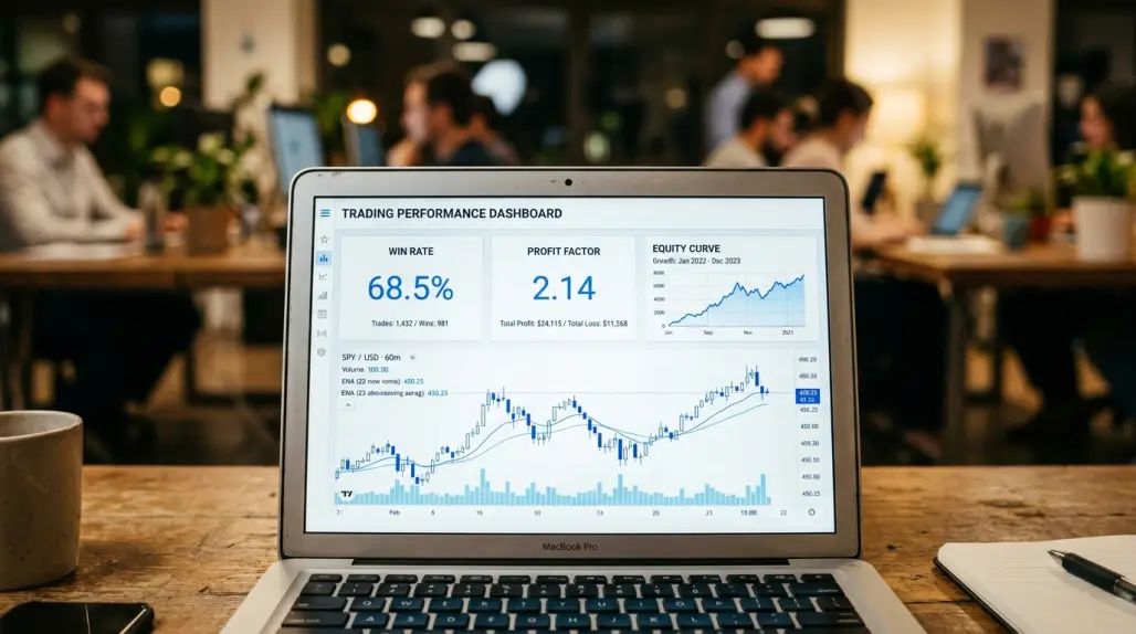 Laptop screen displaying a white-and-blue trading dashboard with win rate, profit factor, and equity curve KPI cards.