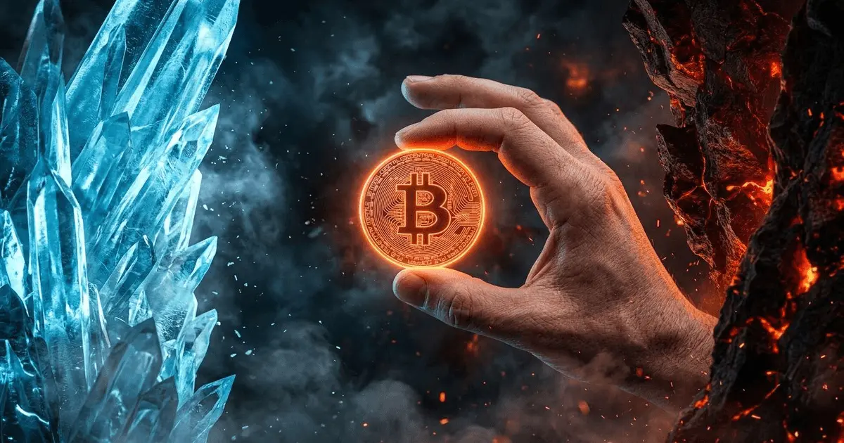 Hand holding a glowing Bitcoin between ice and lava.