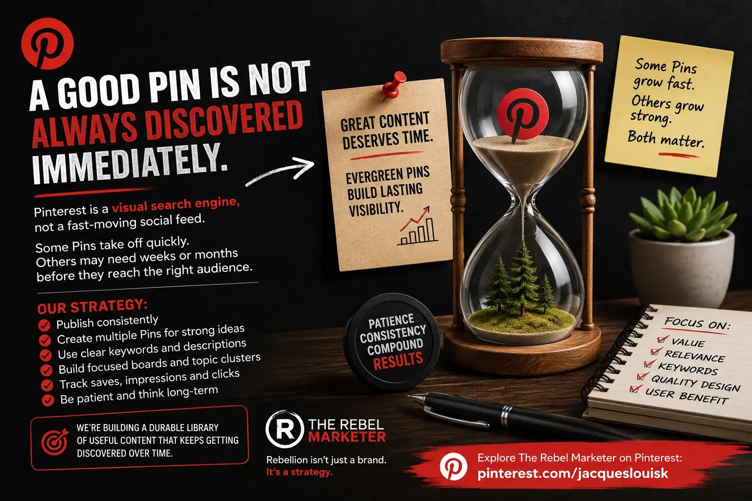 Infographic explaining why good Pinterest Pins may take weeks or months to get discovered, highlighting Pinterest as a visual search engine and outlining a long-term content marketing strategy focused on evergreen content, consistency, keywords and sustainable traffic growth.